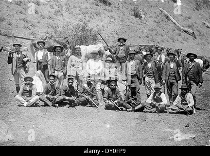 The hunt for the Governor gang of bushrangers. A posse of mounted police, aboriginal trackers and district volunteers. Jimmy & Joe Governor were sighted at Stewarts Brook on 12 September 1900 - Stewarts Brook, NSW / by A C Jackson