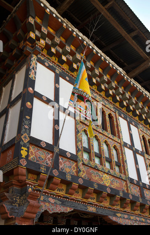 Eastern Bhutan, Mongar, town centre, traditionally decorated architecture, shop front Stock Photo