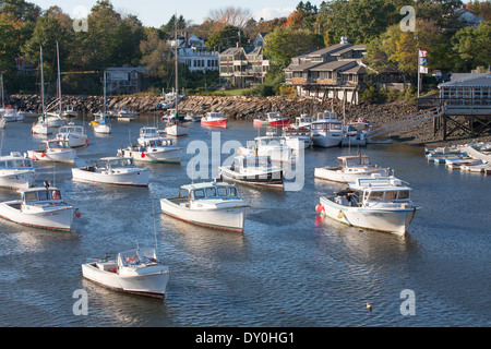 Ogunquit Perkins Cove harbor with boats moored Maine, New England, USA. October. Stock Photo