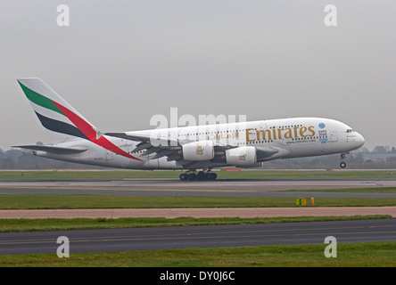 Emirates Airbus A380 taking  off from Manchester Airport