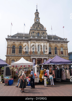 Ipswich Cornhill Market stalls in front of the Town Hall building, Suffolk England UK. Stock Photo