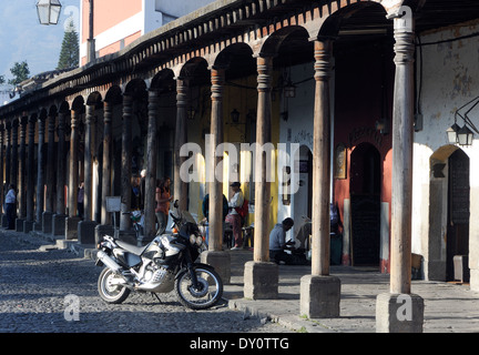 Colonnade on the western side of Parque Central. Antigua Guatemala, Republic of Guatemala. Stock Photo