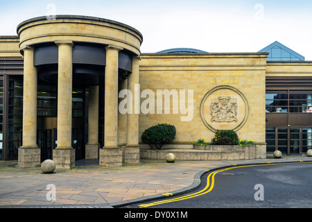 Front access doorway and wall with Justiciary motif, High Court of Justiciary, Glasgow, Scotland, Great Britain, UK Stock Photo