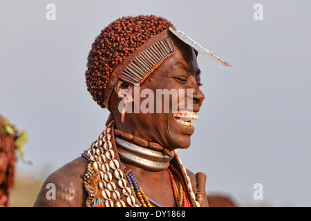 portrait of a Hamer young woman in her village near Turmi in the Omo Valley, Ethiopia Stock Photo