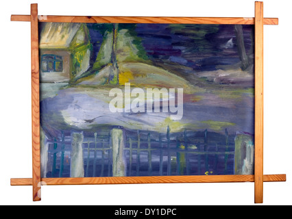 Night villa behind the iron fence abstract oil paints landscape on canvas. Handmade curve woden frame Stock Photo