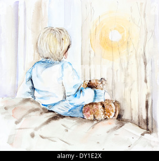 Tale of the evening sun for a little boy. Square abstract handmade watercolor painted illustration Stock Photo