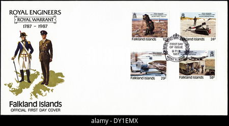 Commemorative official first day cover 200th anniversary of Royal Engineers in the Falkland Islands 1787 - 1987 postmark Mount Pleasant dated 9th February 1987 10p 24p 29p & 58p postage stamps Stock Photo