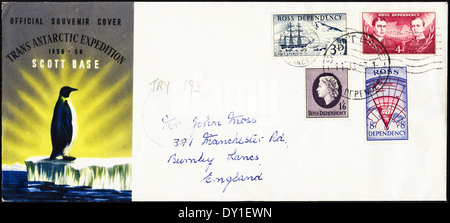 Official Souvenir Cover Trans Antarctic Expedition 1956 - 1958 Scott Base Ross Dependency postage stamps various values Stock Photo