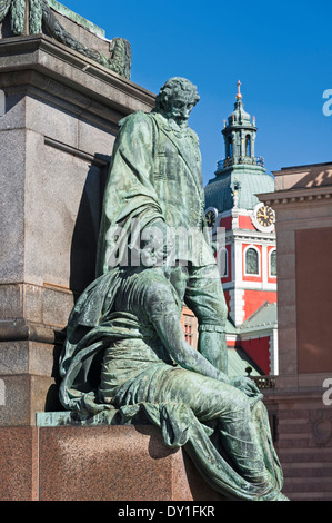 Gustav Adolf statue detail and St Jacob's Church tower Stockholm Sweden Stock Photo