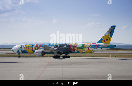 ANA Boeing 777-381 JA754A Pokemon Plane ANA All Nippon Airways Japan's largest airline. Pikachu Pocket Monster Anime Character Stock Photo