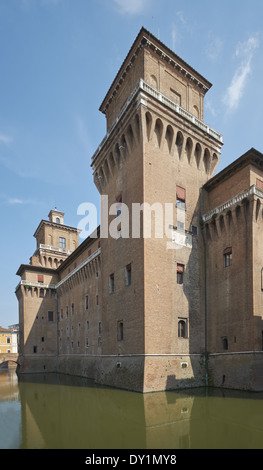 Castle Estense, built for the d'Este ducal family,  a moated medieval brick structure in the center of Ferrara Italy Stock Photo