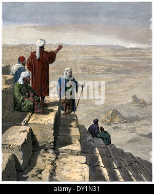 Egyptian lookouts on the pyramids of Gizeh, 1880s. Hand-colored woodcut Stock Photo