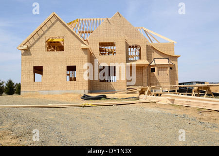 exterior of a large two story family home under construction. Stock Photo