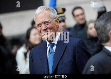 New York, USA. 2nd April 2014. David Letterman appears outside the 'Late Show with David Letterman' at Ed Sullivan Theater on April 2, 2014 in New York City/picture alliance/Alamy Live News Stock Photo