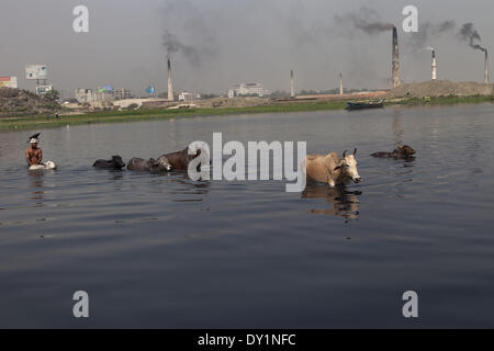 Dhaka, Bangladesh. 22nd Mar, 2014. Indiscriminate discharge of liquid waste by the tannaery industries of Dhaka's Hazaribagh area has ruined a large part of the Buriganga river, causing immense suffering to residents living on the banks. © Probal Rashid/NurPhoto/ZUMAPRESS.com/Alamy Live News Stock Photo