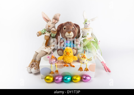 An easter scene with easter bunny and chicks and easter egg Stock Photo