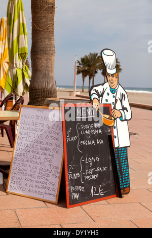 Menu sign outside a Spanish cafe restaurant; Carboneras, Almeria Andalusia Spain Europe Stock Photo