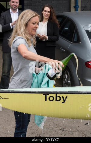 London, UK. 3rd April 2014. Cambridge University Boat Club boat naming ceremony during Tideway Week - the lead-up to the Universities Boat Race on Sunday 6 April 2014. CUMC's new 2014 Blue boat has been named in memory of CUBC member and Old Blue Toby Wallace. On 2 July 2013 Toby, at the age of 36, was killed when struck by a lorry during a charity bicycle ride from Land's End to John O'Groats. During 2012 he had rowed the Atlantic on behalf of charity. He left behind a wife of ten years Claire, who is pictured making a moving speech. Credit:  Action Plus Sports Images/Alamy Live News Stock Photo