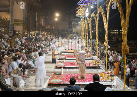 Varanasi, India. Ganga Aarti at night Stock Photo