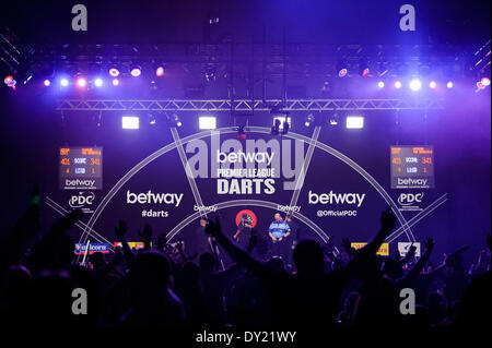 . 06th Mar, 2014. A general view with Raymond van Barneveld in action against Adrian Lewis in a match that ends in a 6-6 drawduring Judgement Night of the Betway Premier League Darts at the Motorpoint Arena. © Action Plus Sports/Alamy Live News Stock Photo