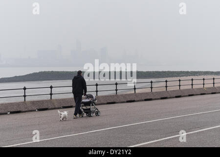 Liverpool, UK. 3rd April 2014. An unclear view down the Mersey from New Brighton on Thursday April 3rd, 2014. Smog created by a mix of pollution and Saharan dust passed over the region. Credit:  Peter Carr/Alamy Live News Stock Photo