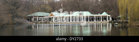 Panorama of the Loeb Boathouse Restaurant in New York City's Central Park located on the northeastern tip of The Lake Stock Photo