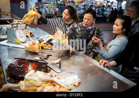 Macao, China. 4th Apr, 2013. Consumers select chickens at a market in Macao, south China, April 4, 2013. After suspending by 21 days, the import of live poultry was resumed on Thursday and they were back on sale in markets on Friday in Macao. © Cheong Kam Ka/Xinhua/Alamy Live News Stock Photo