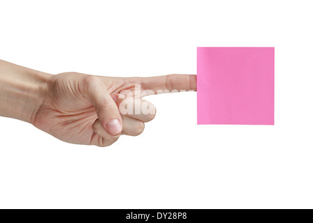 adult man hand showing sticky note, isolated on white Stock Photo