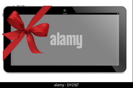 tablet computer with wide screen with red ribbon isolated on white background . (with clipping work path) Stock Photo