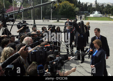 Athens, Greece. 4th Apr, 2014. Catherine Ashton (R front), the EU's High Representative for Foreign Affairs and Security Policy, arrives for the Informal Meeting of Foreign Affairs Ministers at the Zappeion Hall in Athens, capital of Greece, on April 4, 2014. © Marios Lolos/Xinhua/Alamy Live News