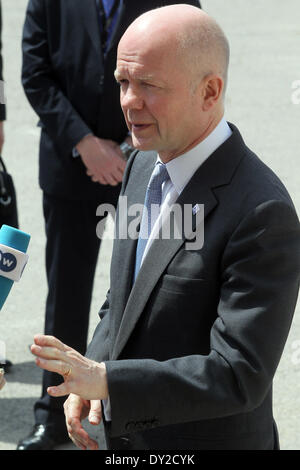 Athens, Greece. 4th Apr, 2014. Britain's Foreign Secretary William Hague speaks to the press as he arrives for the Informal Meeting of Foreign Affairs Ministers at the Zappeion Hall in Athens, capital of Greece, on April 4, 2014. © Marios Lolos/Xinhua/Alamy Live News