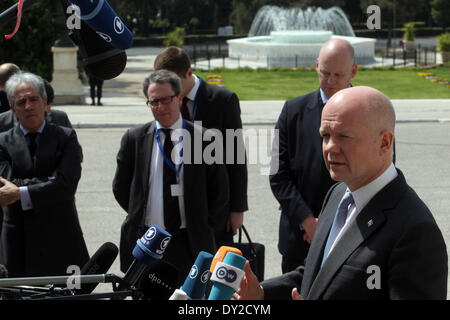 Athens, Greece. 4th Apr, 2014. Britain's Foreign Secretary William Hague speaks to the press as he arrives for the Informal Meeting of Foreign Affairs Ministers at the Zappeion Hall in Athens, capital of Greece, on April 4, 2014. © Marios Lolos/Xinhua/Alamy Live News