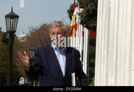 Athens, Greece. 4th Apr, 2014. Sweden's Foreign Minister Carl Bildt arrives for the Informal Meeting of Foreign Affairs Ministers at the Zappeion Hall in Athens, capital of Greece, on April 4, 2014. © Marios Lolos/Xinhua/Alamy Live News