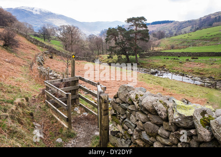 A kissing gate in a stone wall on a footpath in Glenridding valley Lake District National Park Cumbria England UK Britain Stock Photo