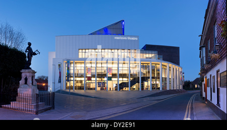 The Marlowe Theatre, Canterbury in Kent; illuminated at dusk. Stock Photo