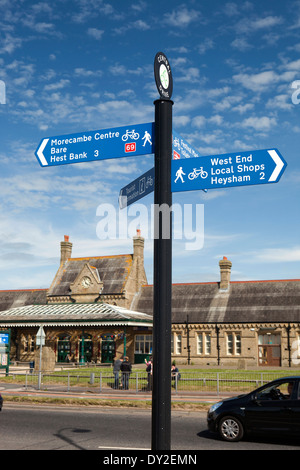 UK, England, Lancashire, Morecambe, Tourist Information signpost in front of The Platform, former railway station Stock Photo