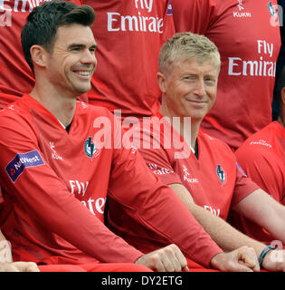 Lancashire County Cricket Club Press Day,  Manchester, UK  4th April 2014  James Anderson, Lancashire and England fast bowler  and Glen Chapple, the Lancashire captain, at the pre-season photocall. Credit:  John Fryer/Alamy Live News Stock Photo