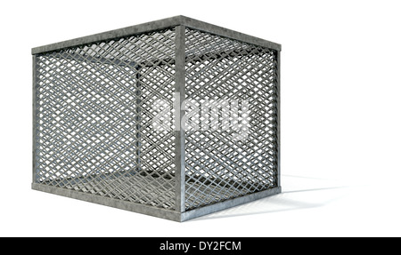 A rectangular steel cage covered in diamond mesh wiring on an isolated white background Stock Photo