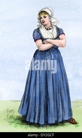 Young Dutch woman in traditional dress. Digitally colored woodcut Stock Photo