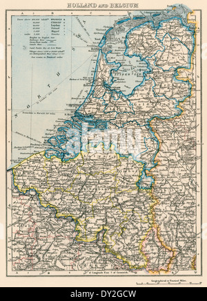 Map of The Netherlands and Belgium, 1870s. Printed color lithograph Stock Photo