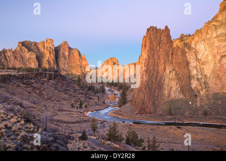 Smith Rocks State Park at sunrise. Crooked River. Oregon. Winter. USA Stock Photo