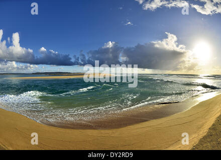 Portugal, Alentejo, Odemira, Santo Andre, Lagoa de Santo Andre, lake, sea, ocean, Atlantic Ocean, water, green water, waves, clean water, fresh, oxygen, pure air, nature protected area, dunes, sand, eco system, ambient, nature, April 2014 Stock Photo