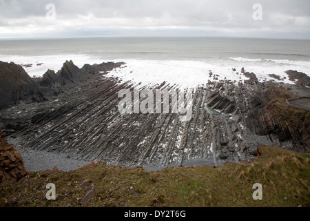 Rocky wave cut platform erosional landforms with ridges formed by eroded tilted strata at Hartland Quay, north Devon, England Stock Photo