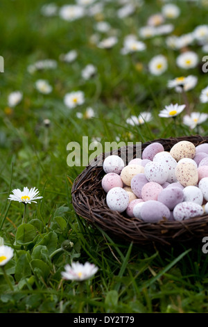 Mini Easter eggs in a basket on the lawn. Stock Photo