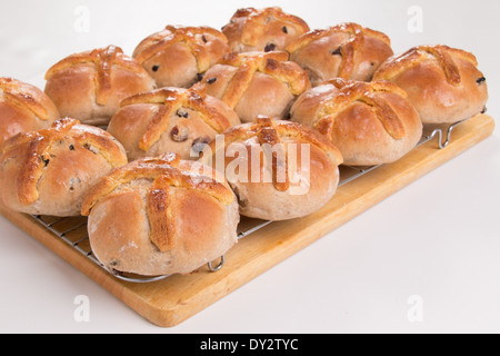 12 traditional hot cross buns with marzipan crosses on wire cooling tray (24 of a series of 24) Stock Photo