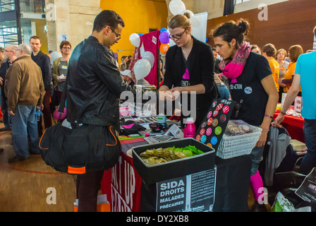 Paris, France, LGBT Gay Organization Annual Trade Show, le Printemps des Associations, by the Inter-LGBT, Act Up-Paris Stall, AIDS information, volunteers helping community in Europe Stock Photo