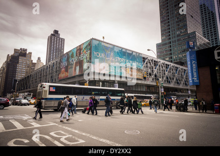 Traffic passes the depressing, crime-ridden Port Authority Bus Terminal in midtown Manhattan in New York Stock Photo