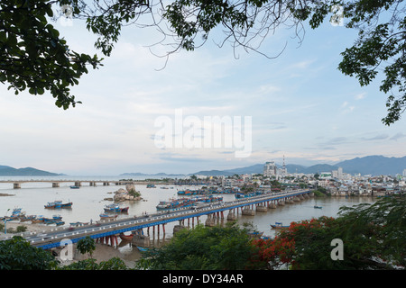 Nha Trang city, The harbour, Cai River and Tran Phu Bridge at sunset Stock Photo