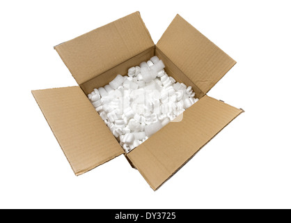 Fill packaging peanuts and bubble pack in a cardboard box, isolated on white background Stock Photo