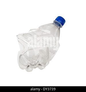 An empty smashed white plastic bottle, isolated on white background Stock Photo
